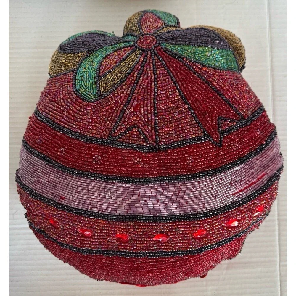 Vintage Beaded Ornament Shaped Accent Pillow Red Satin Christmas Decor
